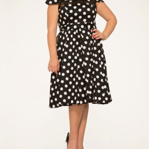 Hearts & Roses London Black White Polka Dot Lace Cap Sleeve Swing Dress EUC 14 - Picture 4 of 7